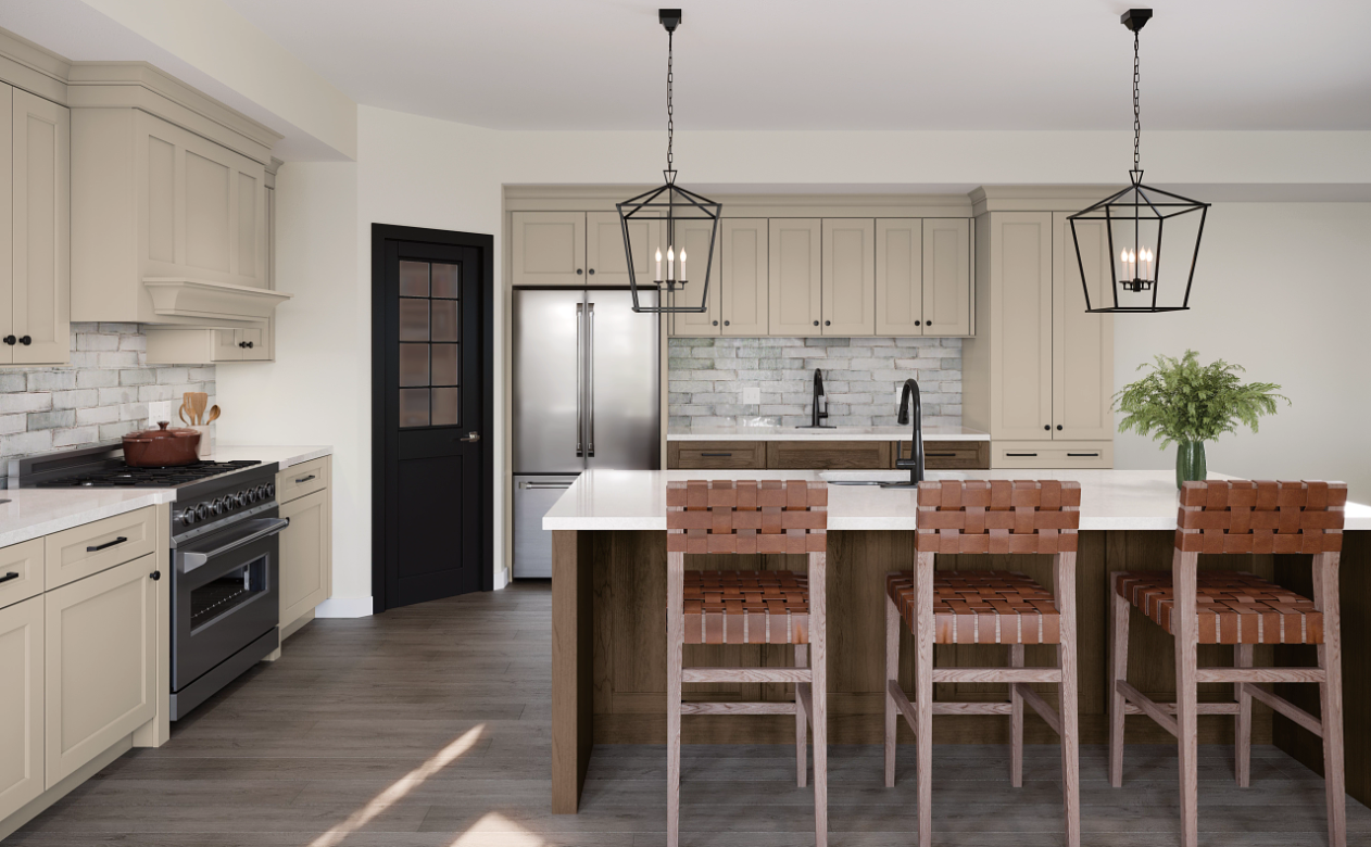 Kitchen with butlers pantry and woven barstools