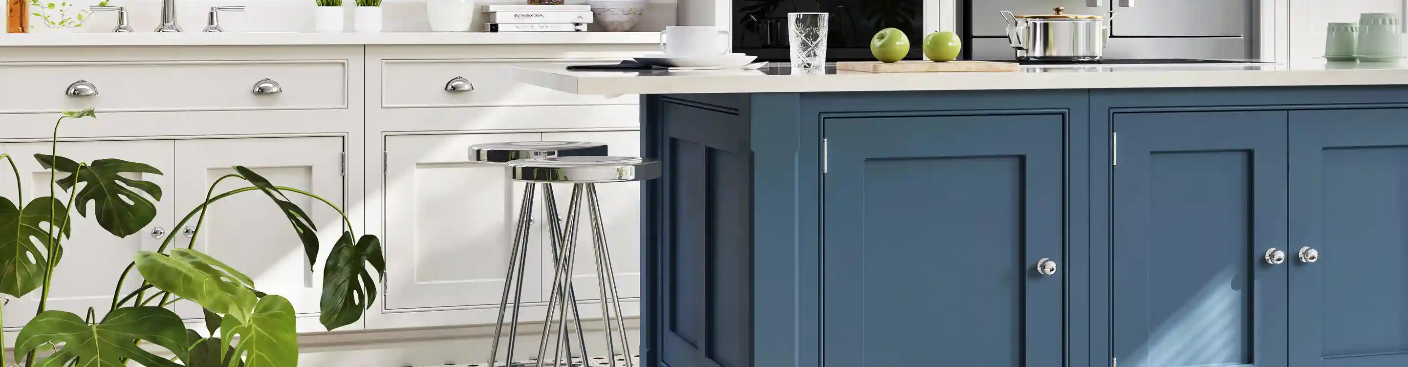 Tile floor in kitchen with white countertops