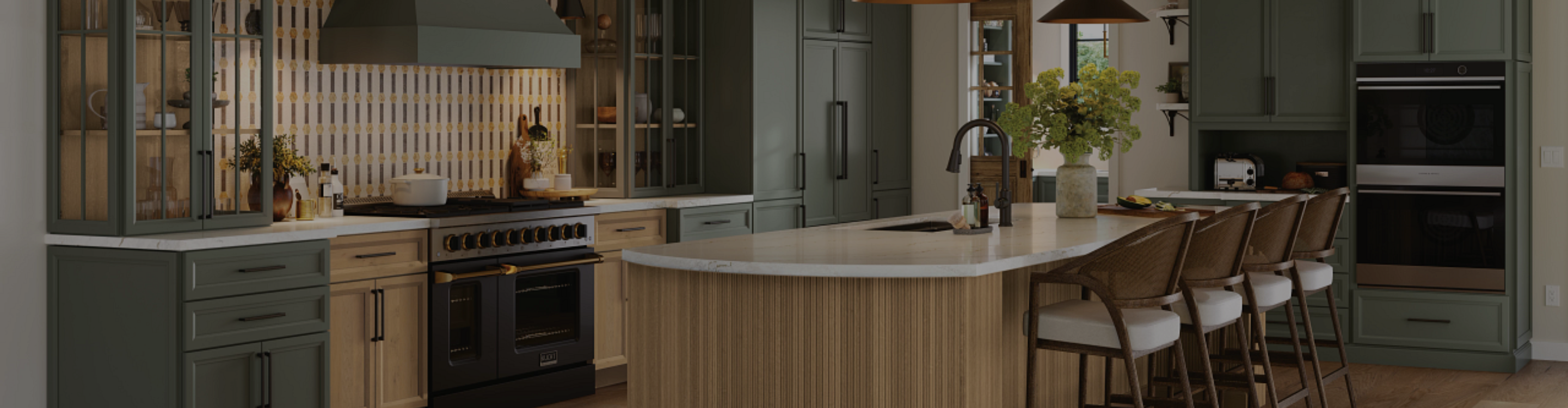 Kitchen with green cabinetry and reeded wood island