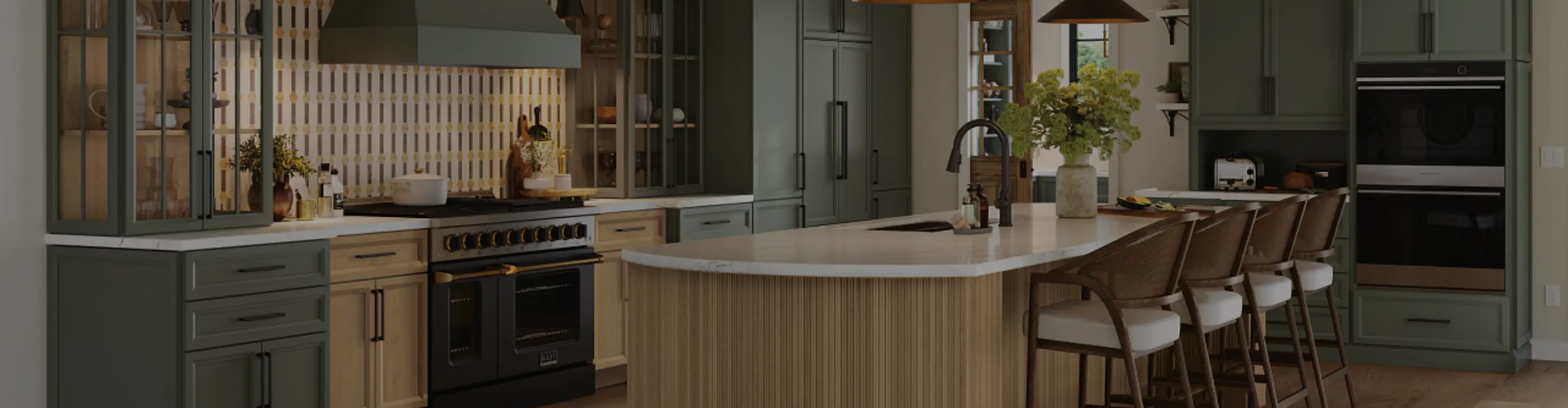 Kitchen with green cabinetry and reeded wood island
