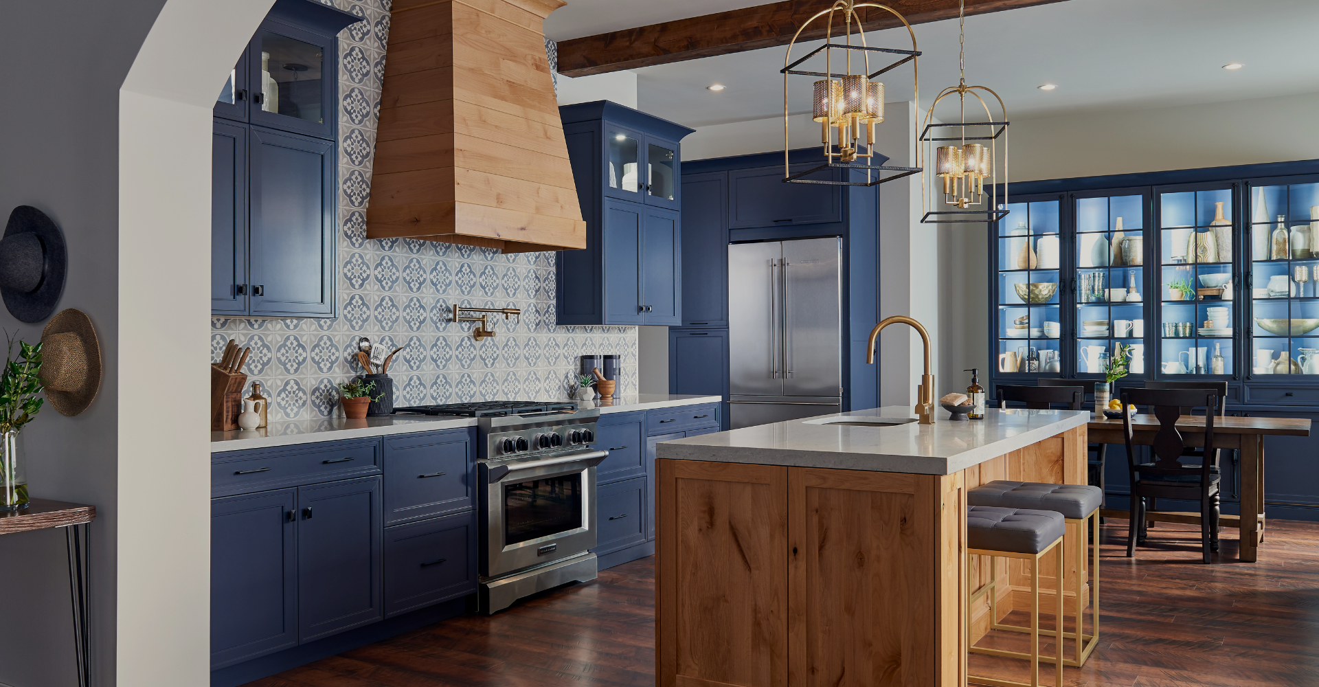 Kitchen scene with custom backsplash, cabinets, and countertops
